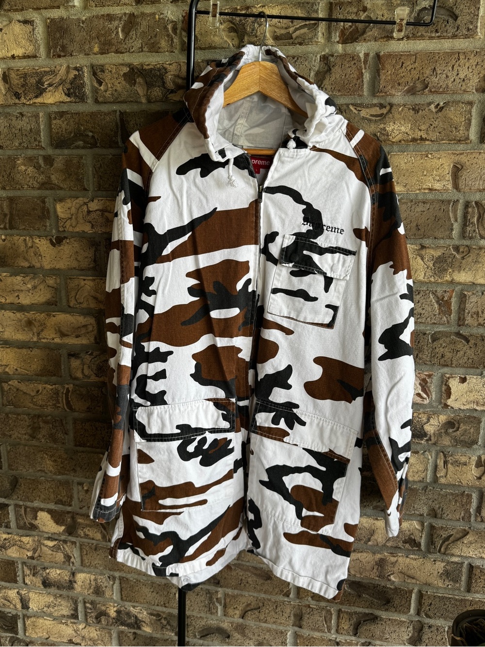 Supreme Twill Zip Parka FW16 Brown Camo Hooded Jacket Size L Streetwear